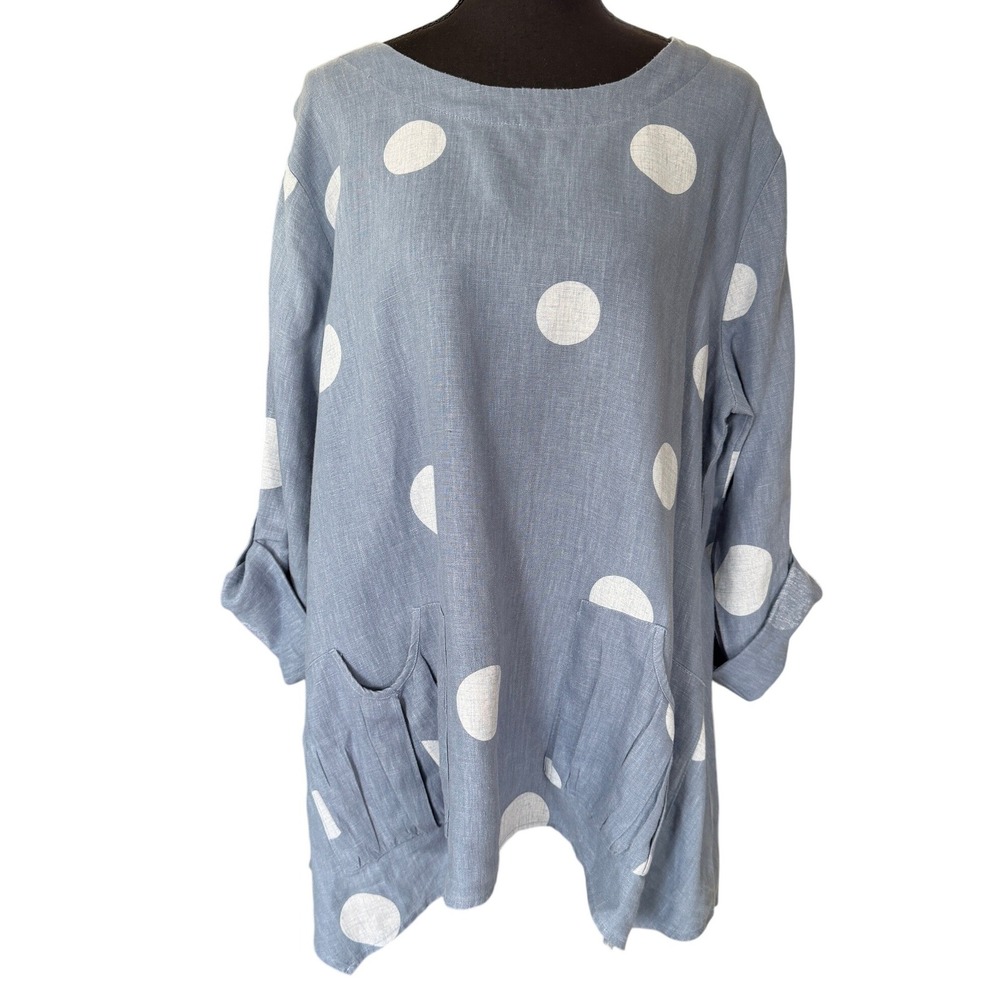 Ali Miles Womens XL Blue Polka Dot 100% Linen Tunic Top Sharkbite Hem Blouse